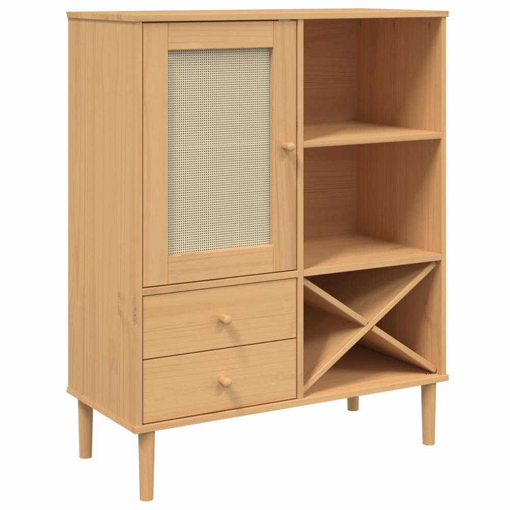 vidaXL Senja Single Door 2 Drawer 6 Shelf Brown Solid Pine Wood Rattan Look Highboard Image 2