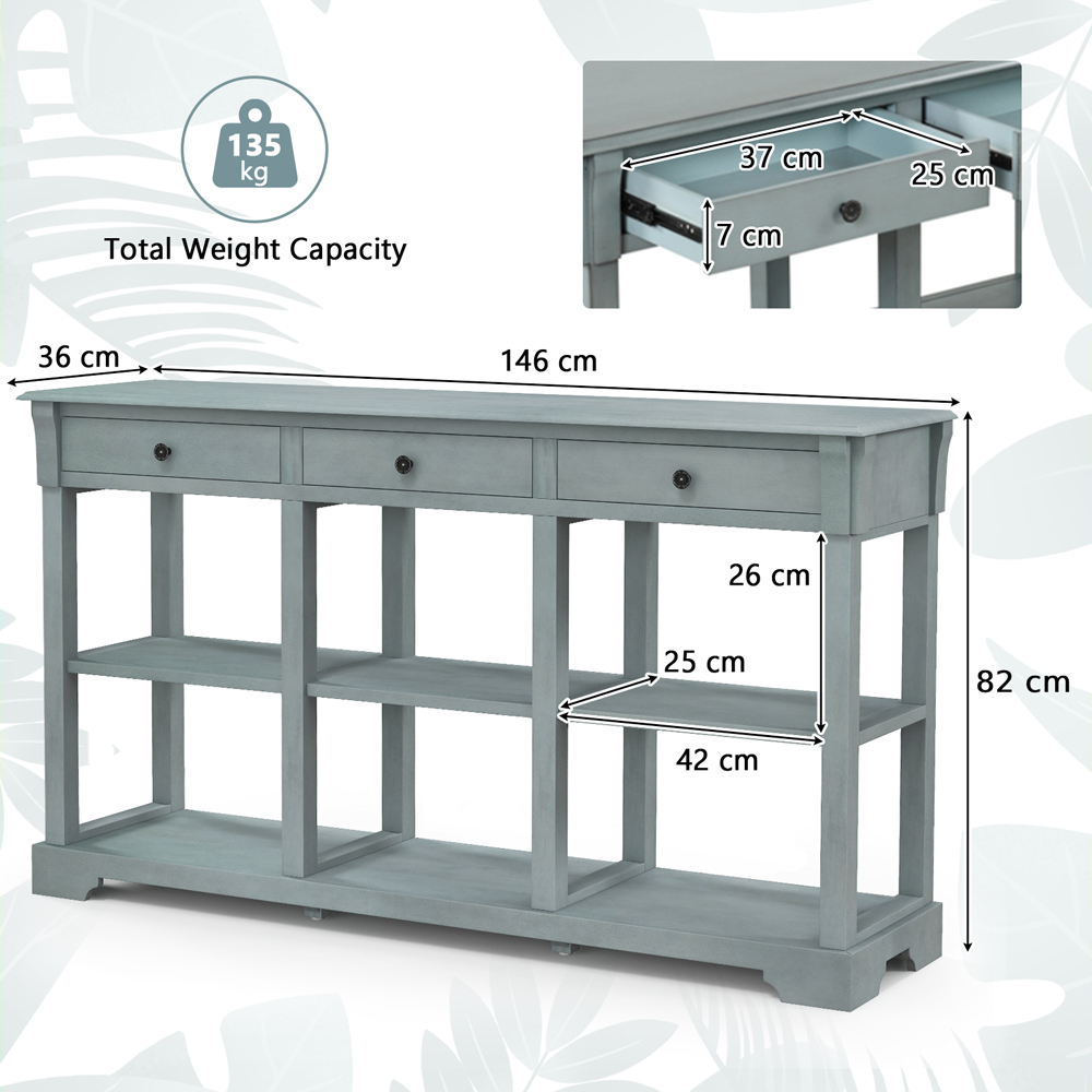 Costway 3 Drawer Open Shelf Blue Retro Console Table Image 9