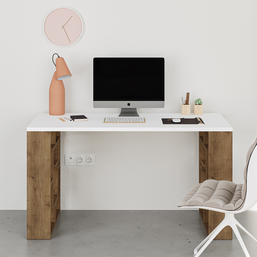 Decortie Labirent Bookshelf Leg Modern Computer Desk White and Oak Effect Image 4