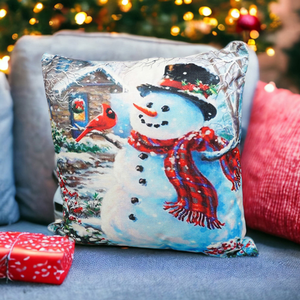 Xmas Haus Festive Snowman and Robin Christmas Cushion 45 x 45cm Image 2