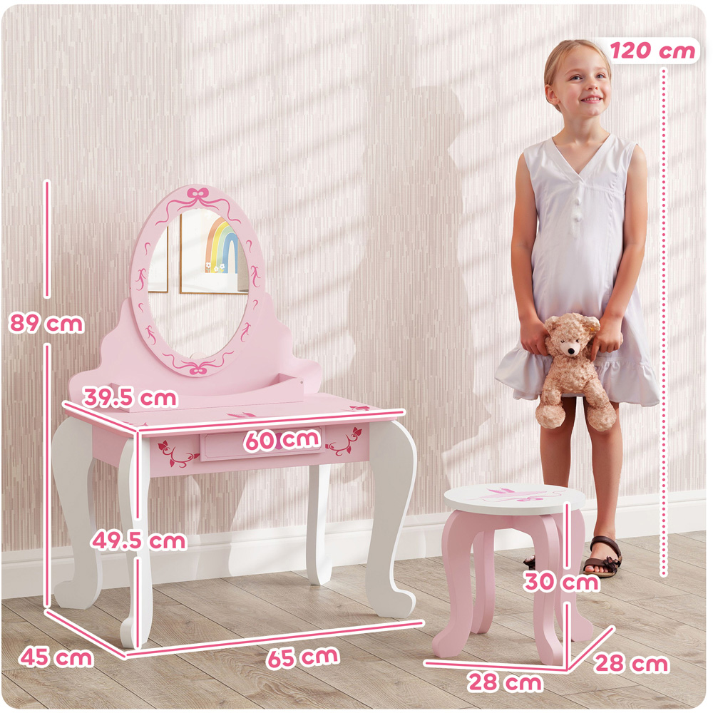 AIYAPLAY 2 Piece Pink Round Mirror Kids Dressing Table Set Image 9