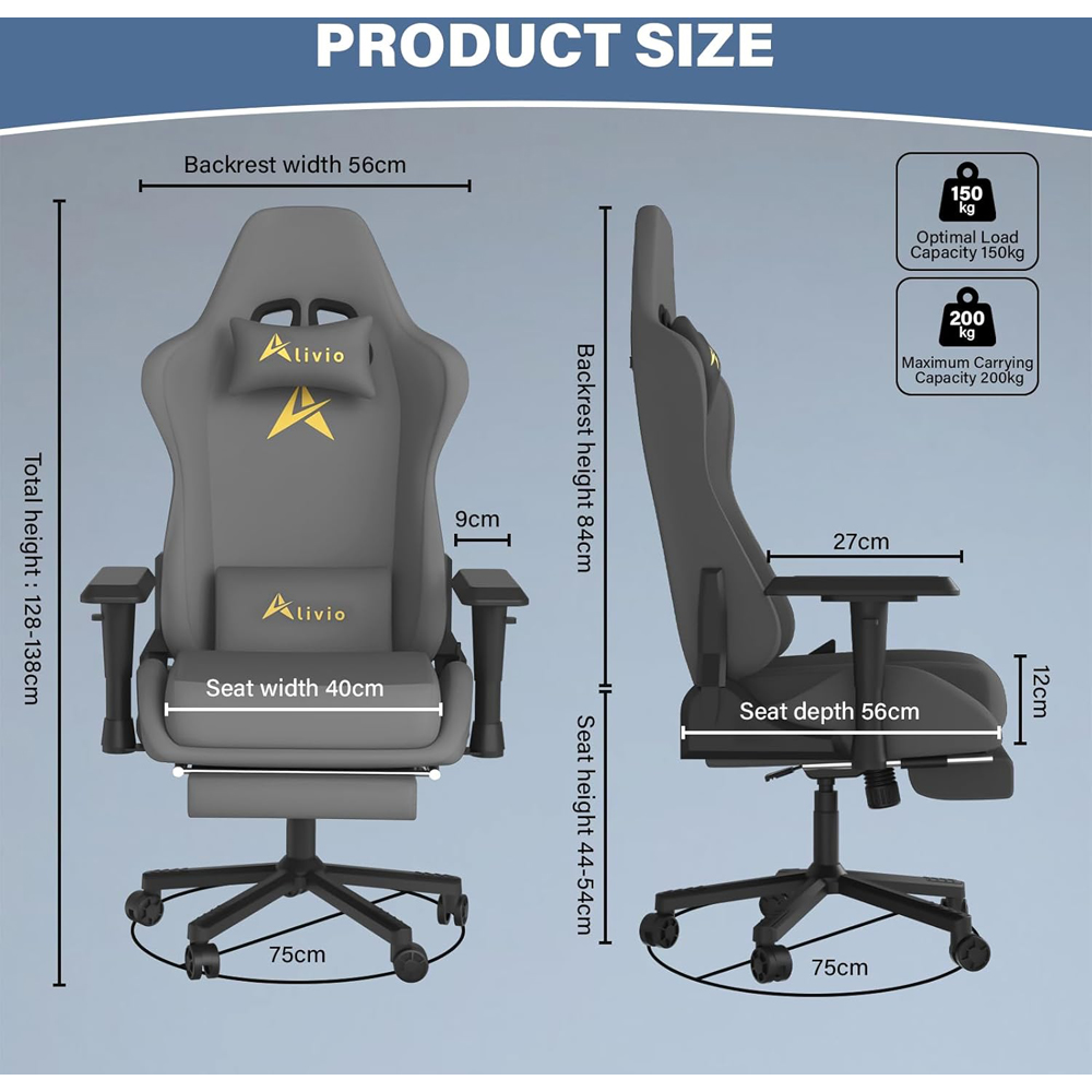 Alivio Grey Velvet Reclining Gaming Chair with Lumbar and Headrest Support Image 9