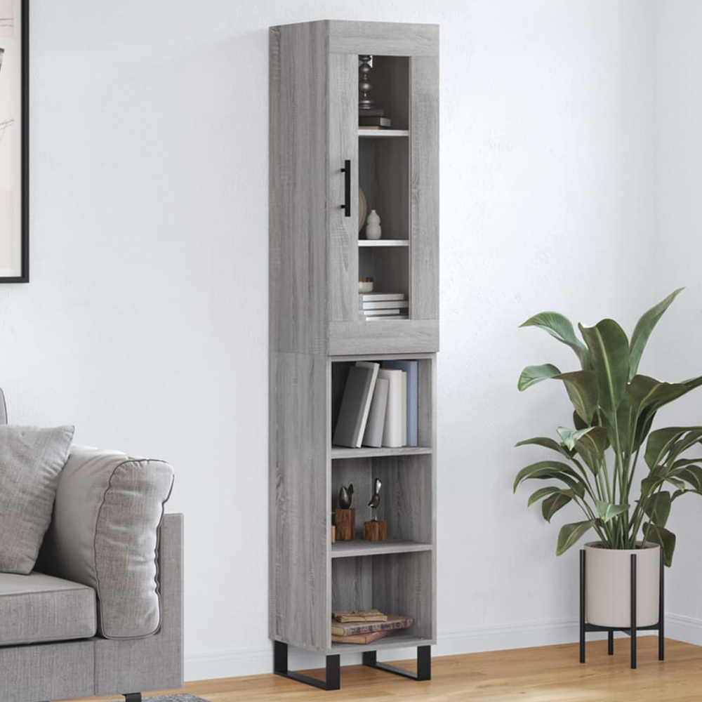 vidaXL Single Glass Door 3 Shelf Grey Sonoma Tall Highboard with Metal Legs Image 1