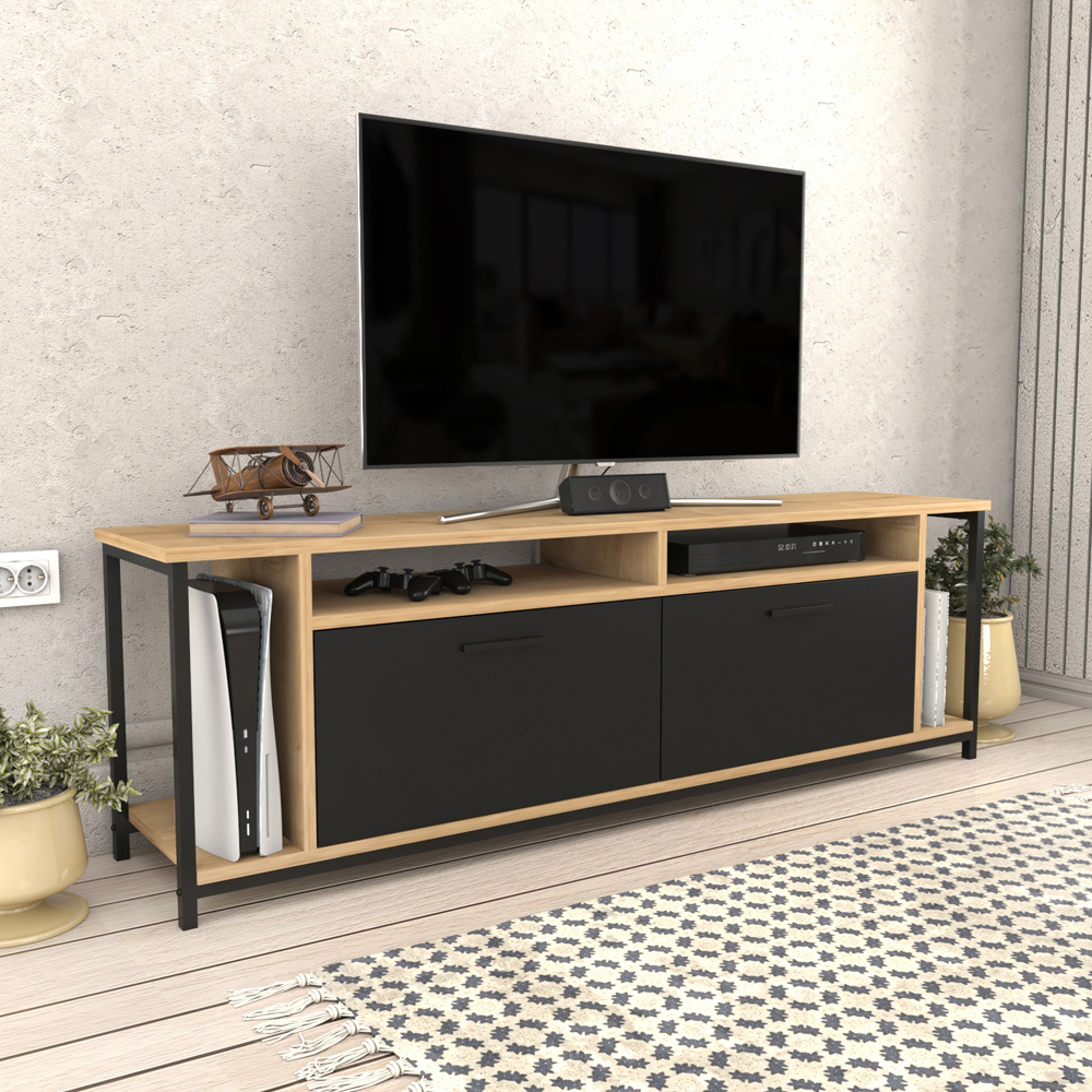Decorotika Omar 2 Door 4 Shelf Oak and Black TV Unit Image 3