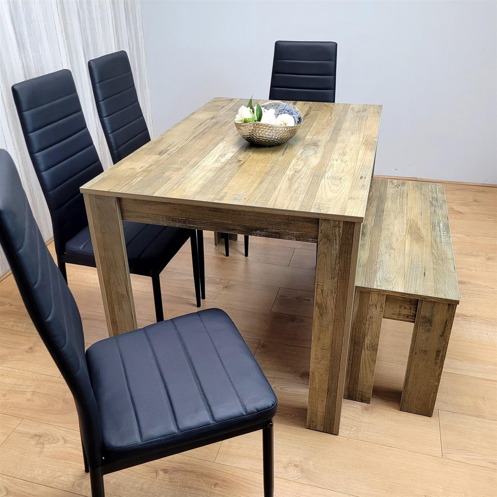 Portland 6 Seater Dining Set Rustic Effect and Black Leather with Bench Image 3