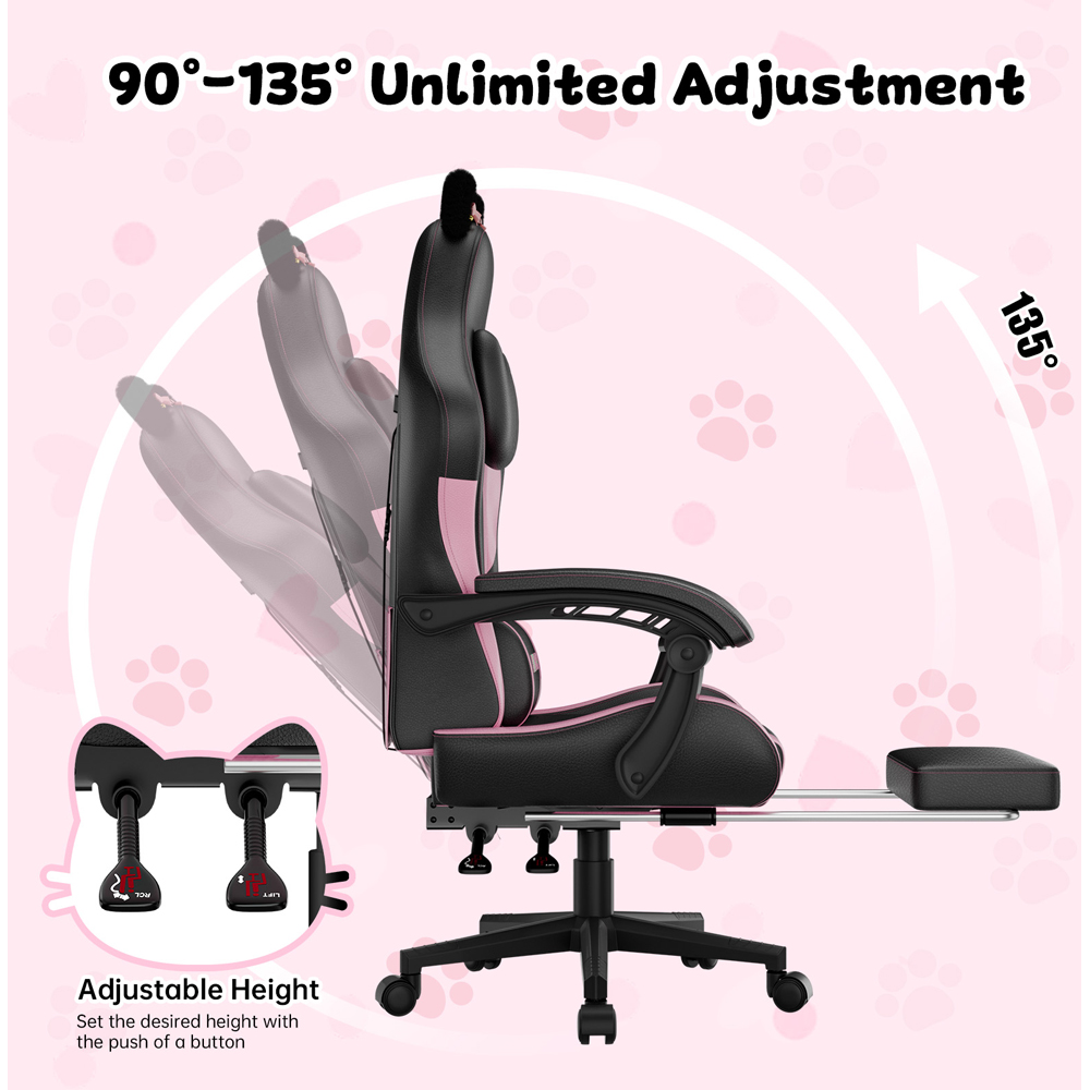 Rattrix Black Cat Ears Gaming Chair with Massage Lumbar Support and Footrest Image 4