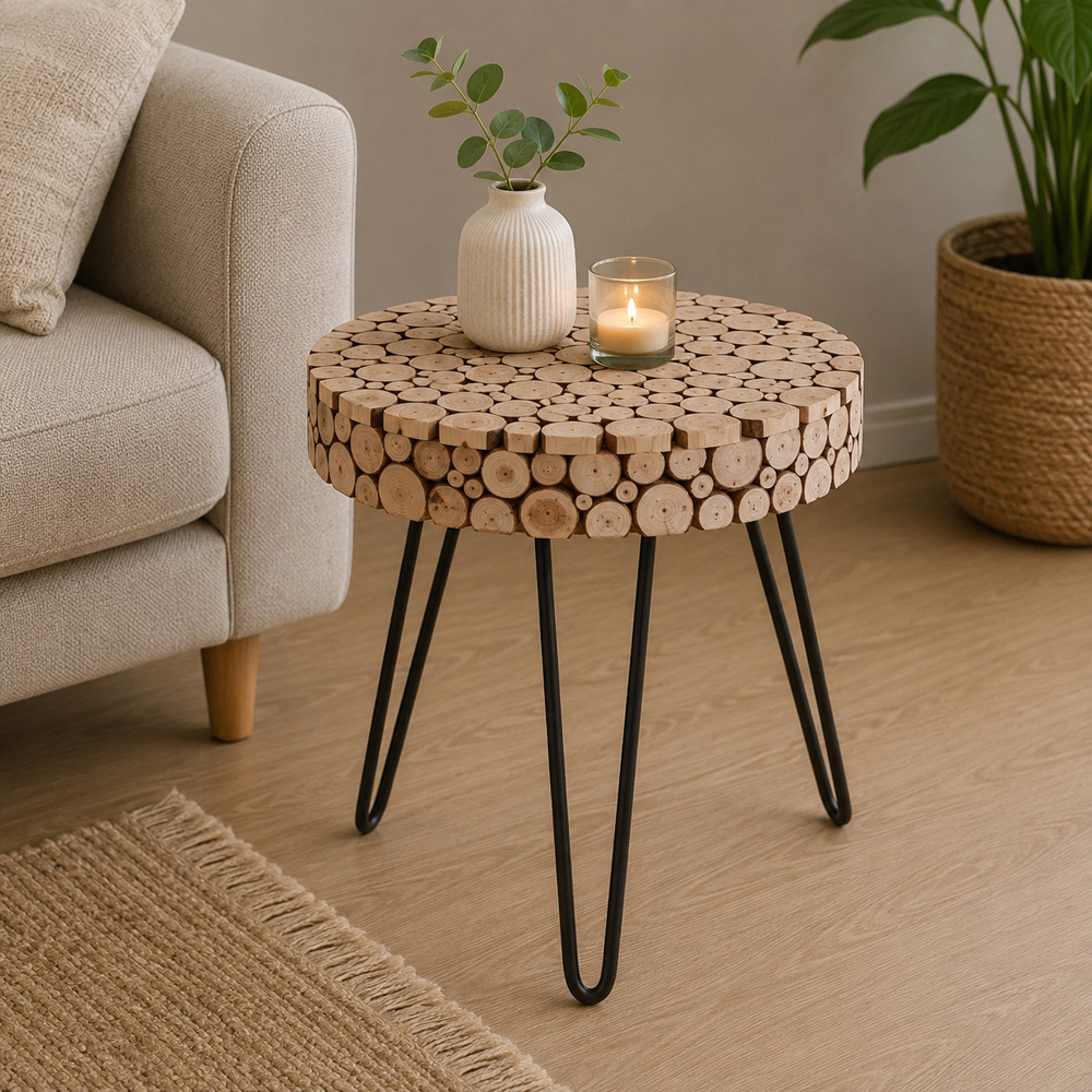 Premier Housewares Wooden Finish Round Side Table with Hairpin Legs Image 4