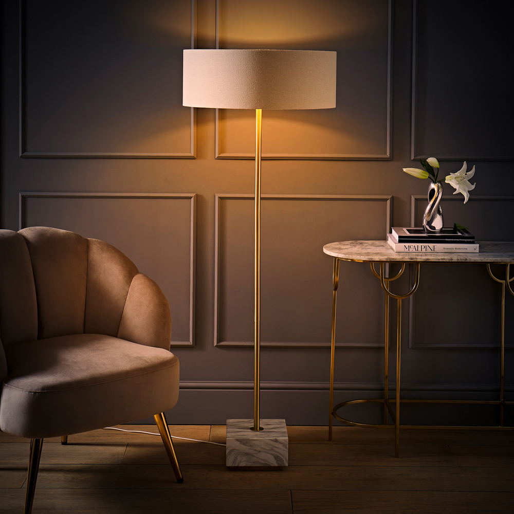 ValueLights Britney Natural Linen Drum Shade Marble LED Floor Lamp Image 6
