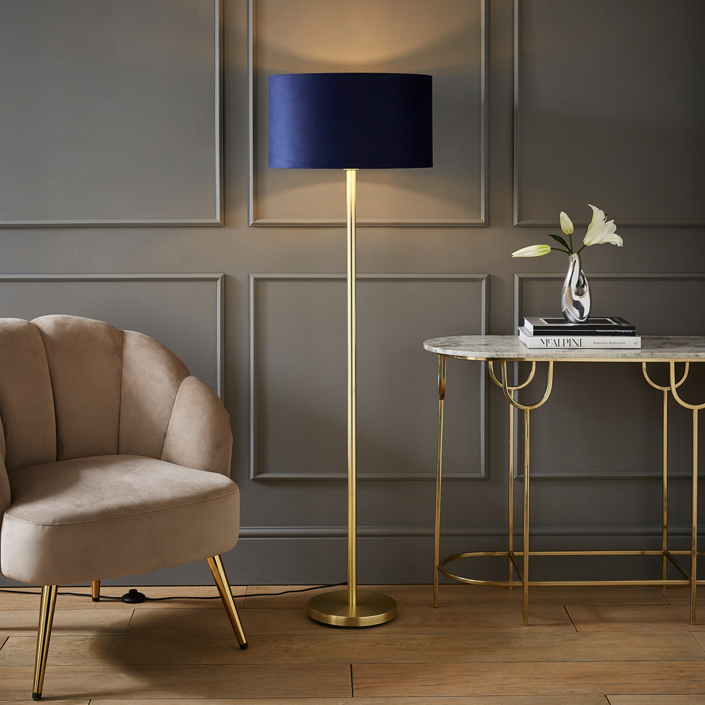 ValueLights Charlie Navy Velvet and Metallic Shade Gold Floor Lamp and Bulb Image 2