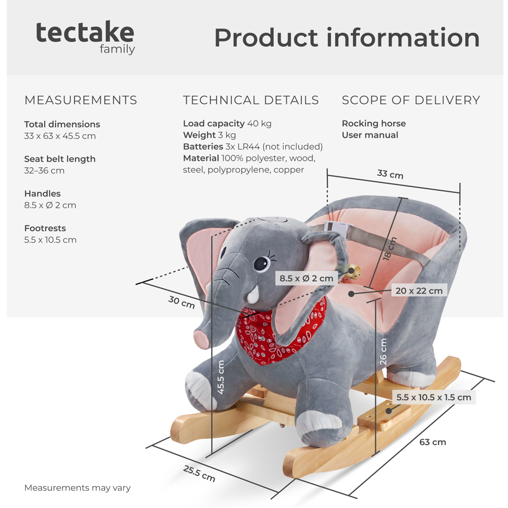 tectake Kids Grey Elephant Plush Cover Wooden Rocking Horse Image 7