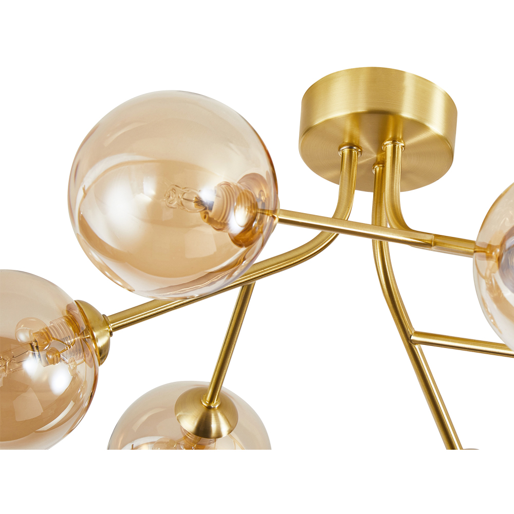 Happy Homewares 6 Arm Satin Gold Ceiling Light Fixture with Amber Tinted Glass Shade Image 5