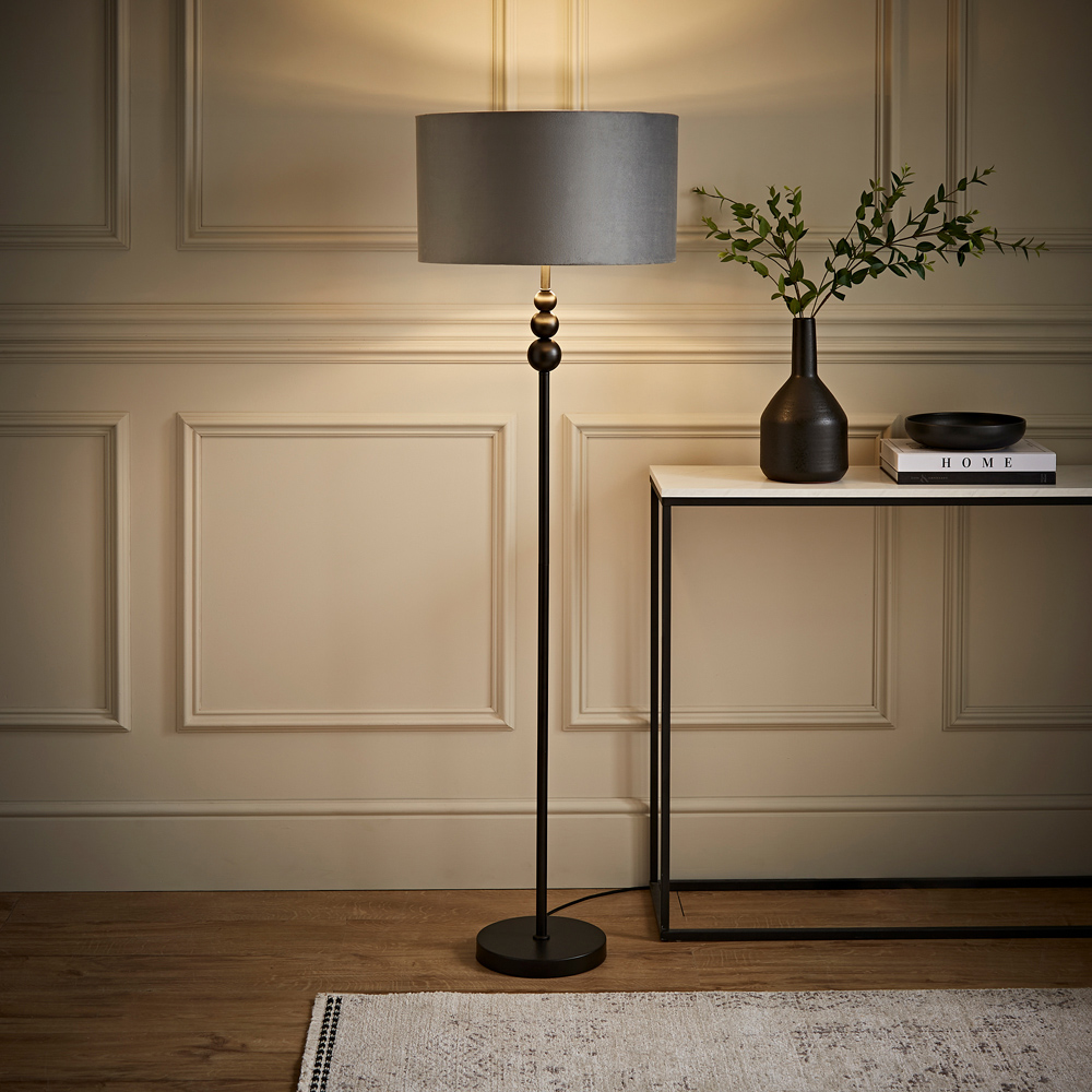 ValueLight Marissa Grey Velvet Chrome Inner Shade Black Stacked Ball LED Floor Lamp Image 2