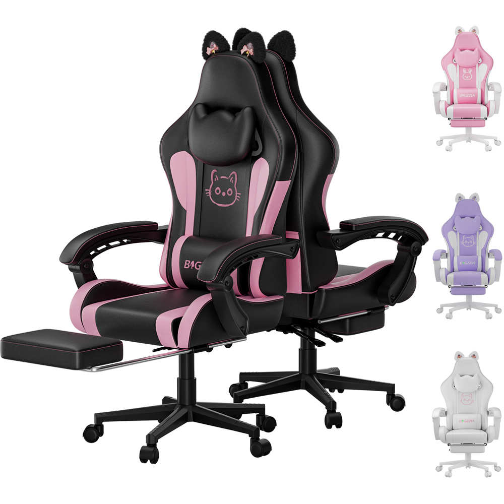 Rattrix Black Cat Ears Gaming Chair with Massage Lumbar Support and Footrest Image 2
