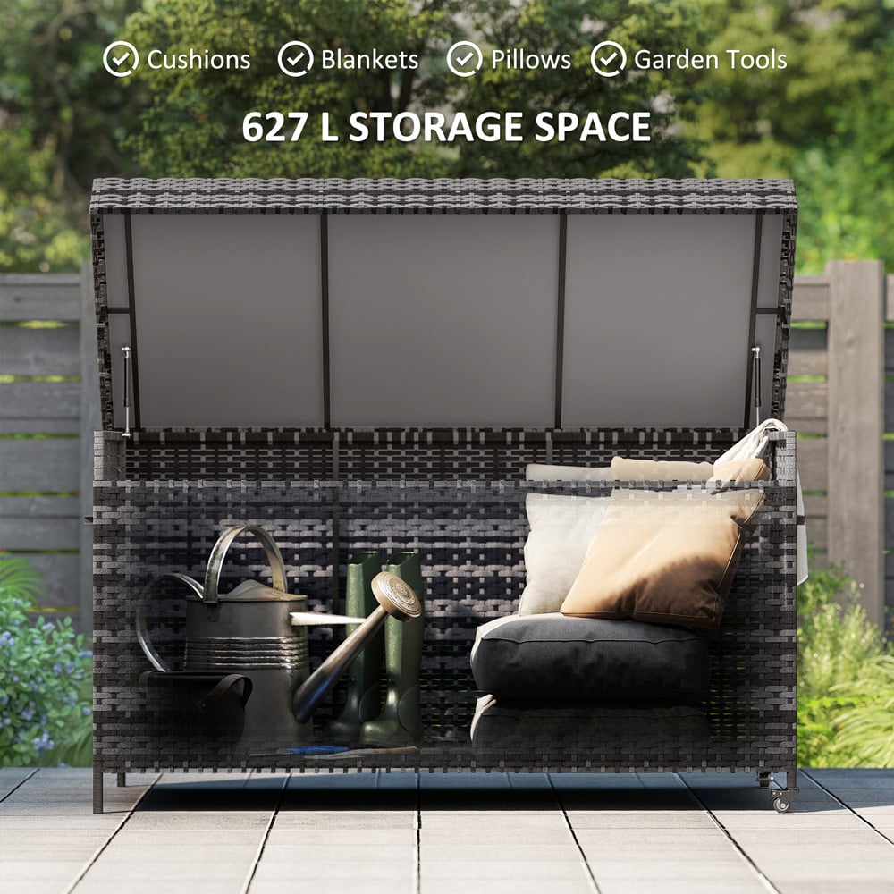 Outsunny Grey Rattan Garden Storage Box with Gas Lift Lid and Wheels 627L Image 4