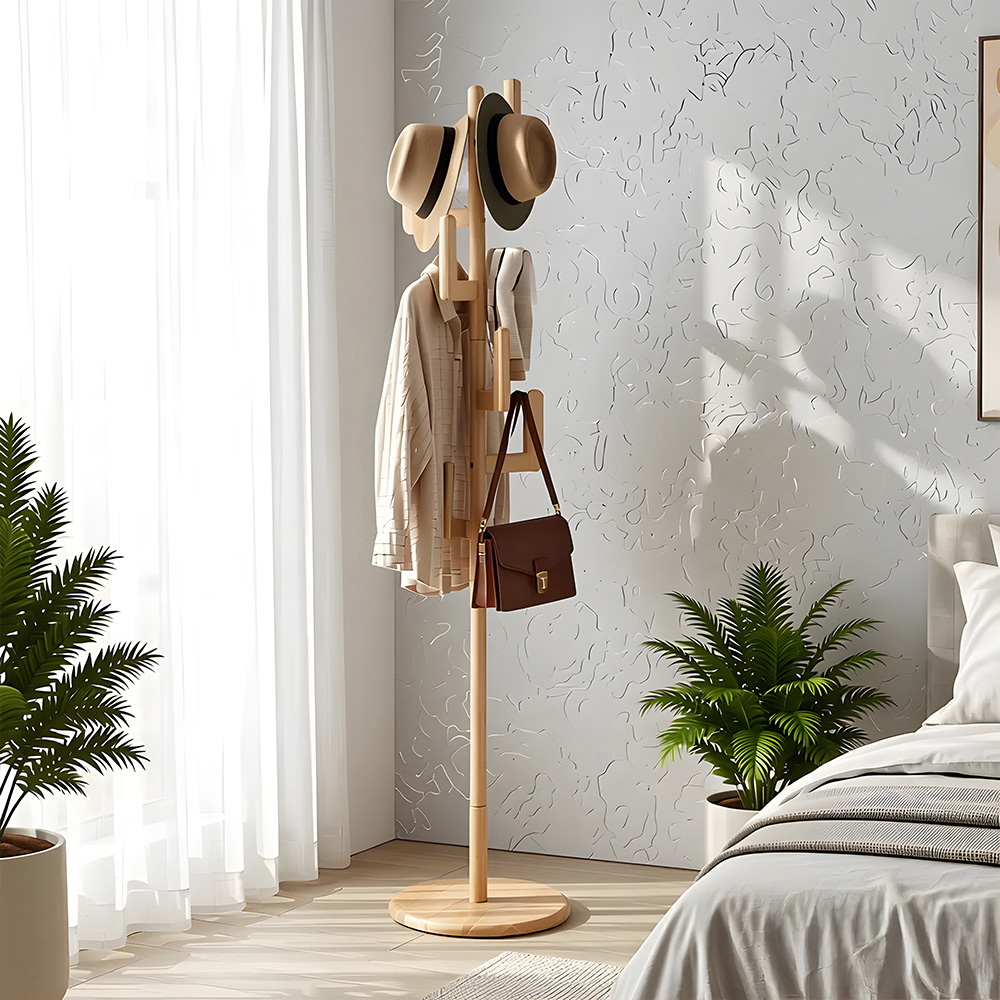 Living and Home Natural Wooden Freestanding Cloth Rack with 6 Staggered Hooks Image 2