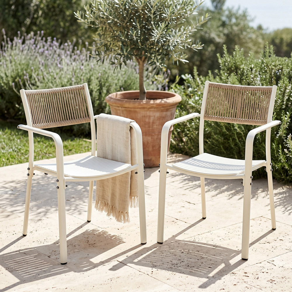 Core Products 2 Seater White Rope Back Effect Square Plastic Table Garden Bistro Set Image 6