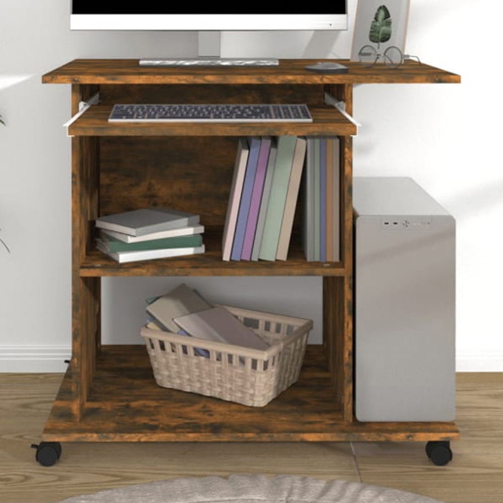 vidaXL 3 Shelf Movable Computer Desk with Keyboard Tray Smoked Oak Image 1