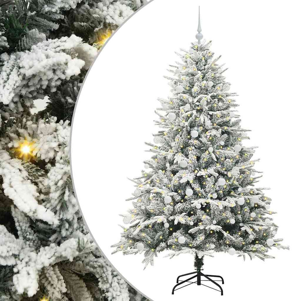 vidaXL 300 LED Pre-Lit White Baubles Green Artificial Snow Flocked Christmas Tree 6ft Image 2
