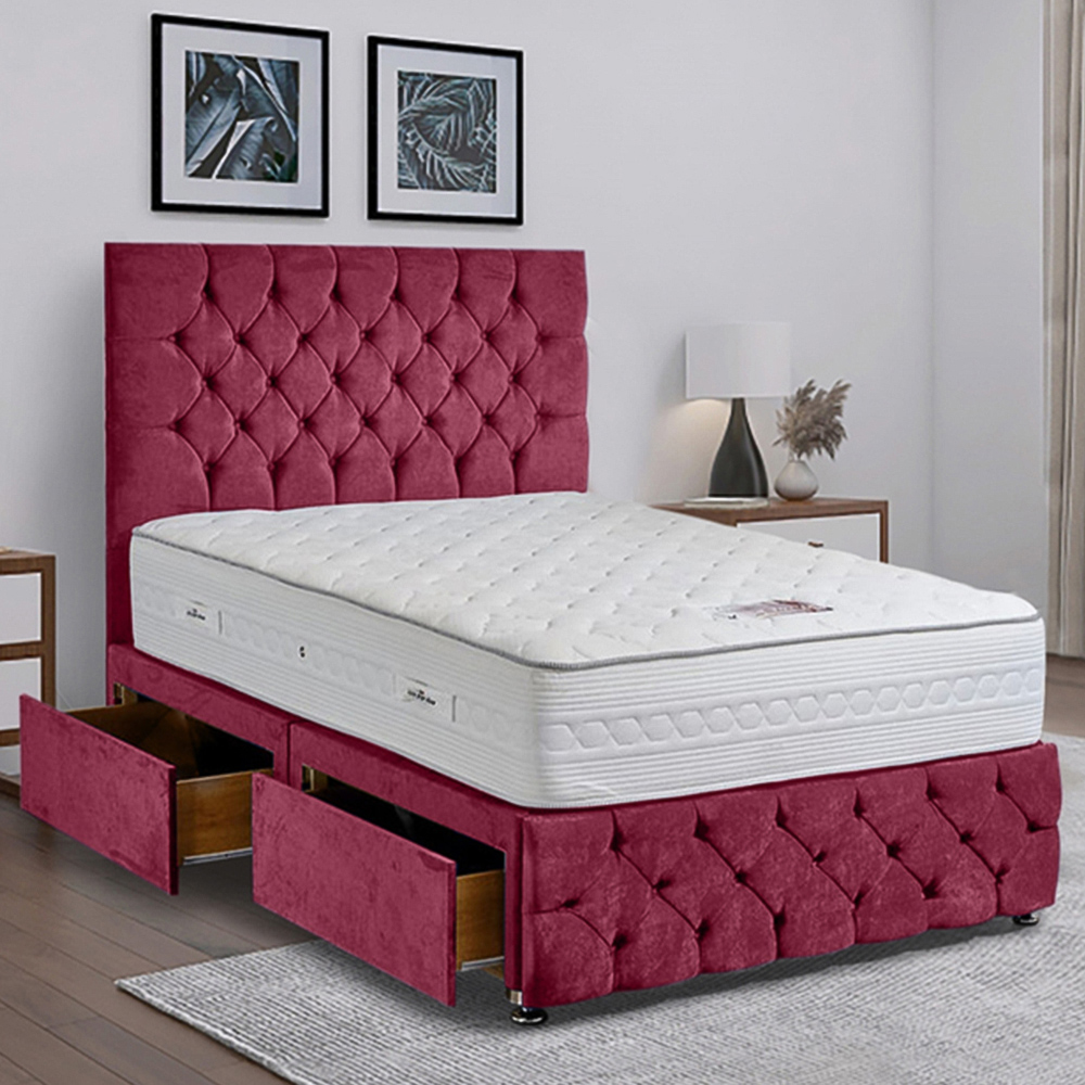 Eleganza Home Comfyzone Super King Size Maroon Plush Velvet Divan Bed with Chesterfield Headboard Image 1
