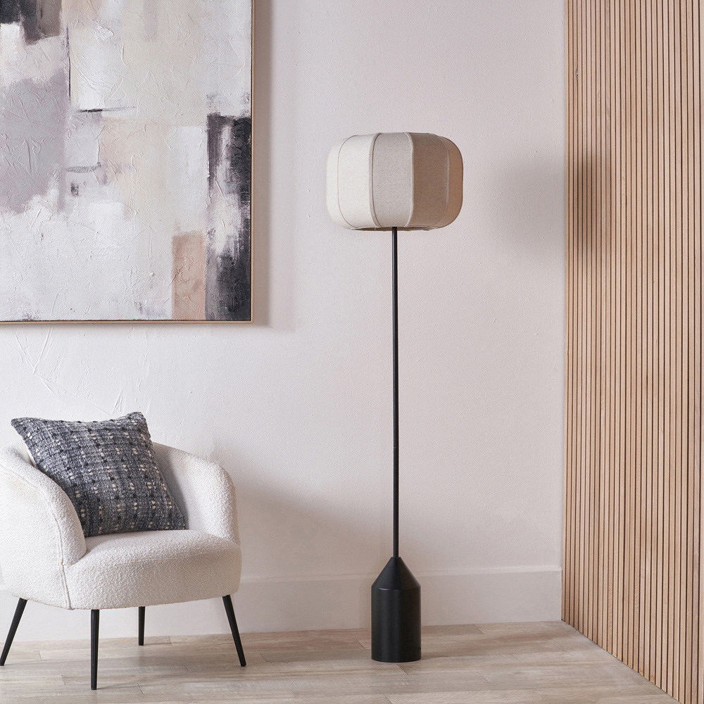 Pacific Lifestyle Oscar Natural Linen Shade Black Metal Structured Floor Lamp Image 2