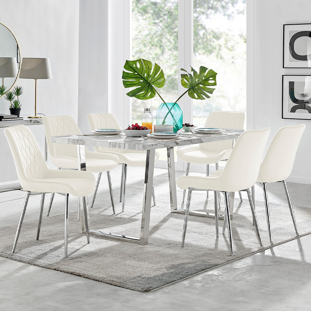 Furniturebox Solo Cesano 6 Seater Dining Set White Marble Effect and Cream Image 1