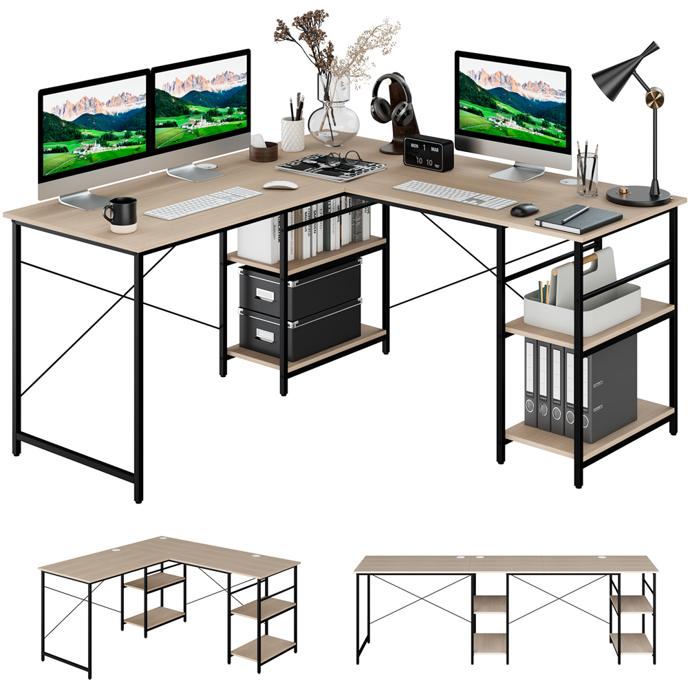 Costway 4 Shelf Natural L-Shaped Wooden Industrial Desk Image 2