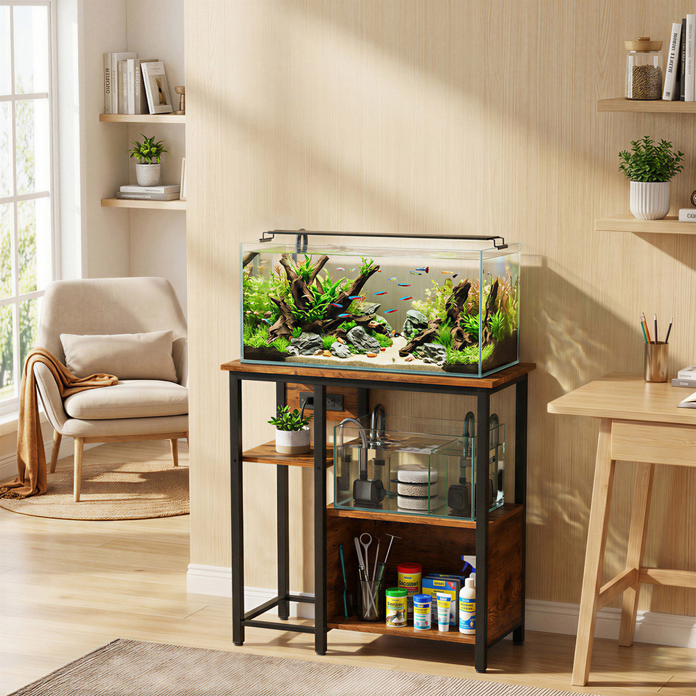 PawHut Rustic Brown Fish Tank Stand with Power Outlets Image 3