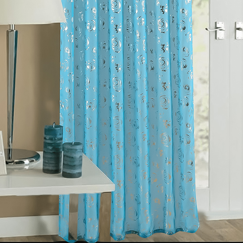 Velosso Geneva Teal Foil Flower Voile Panel Curtain 150 x 137cm Image 3