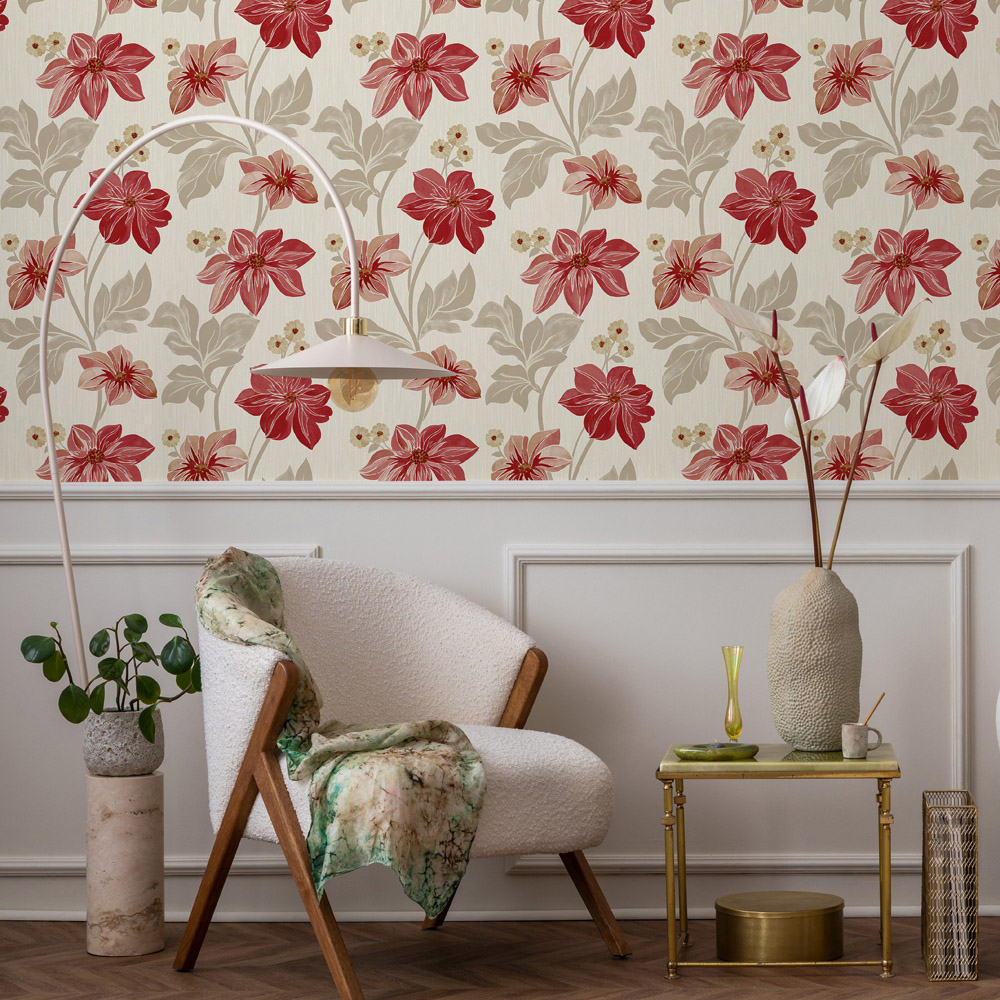 Grandeco Clematis Floral Trail Red Vinyl Wallpaper Image 2