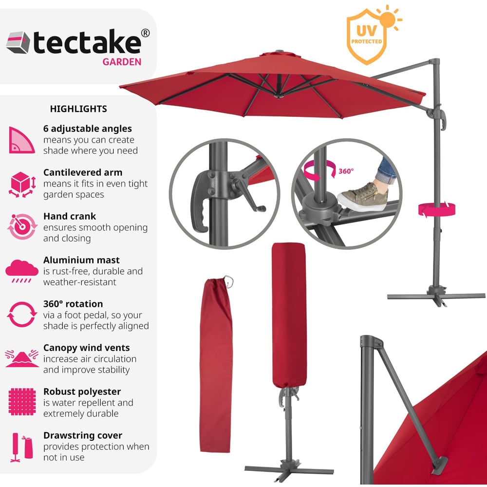 tectake Daria Burgundy Cantilever Parasol with Foot Pedal 3m Image 6
