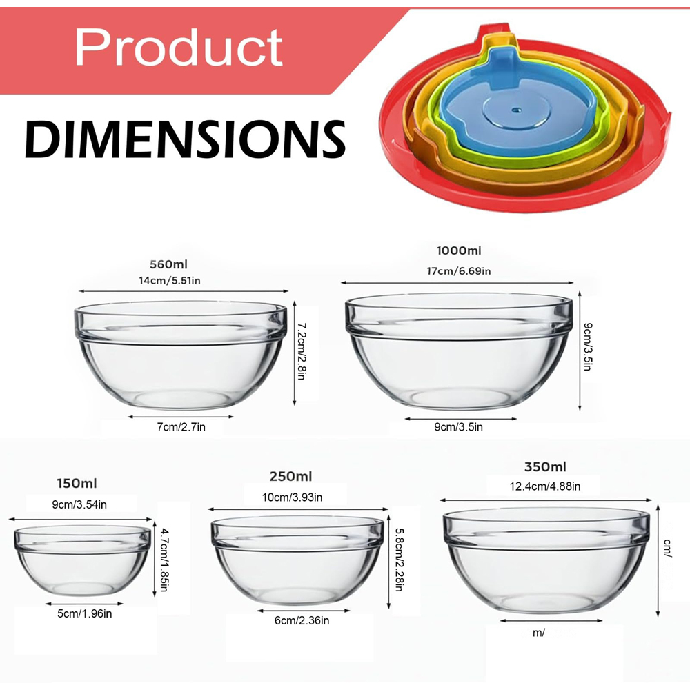 ATEK 5 Piece Stackable Glass Food Storage Bowl Set with Colour Lids Image 9