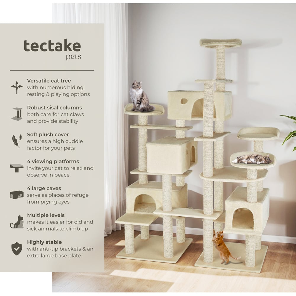 tectake Entissar Beige Cat Tree with Sisal Scratching Post and Anti-Tip Protection 214cm Image 3