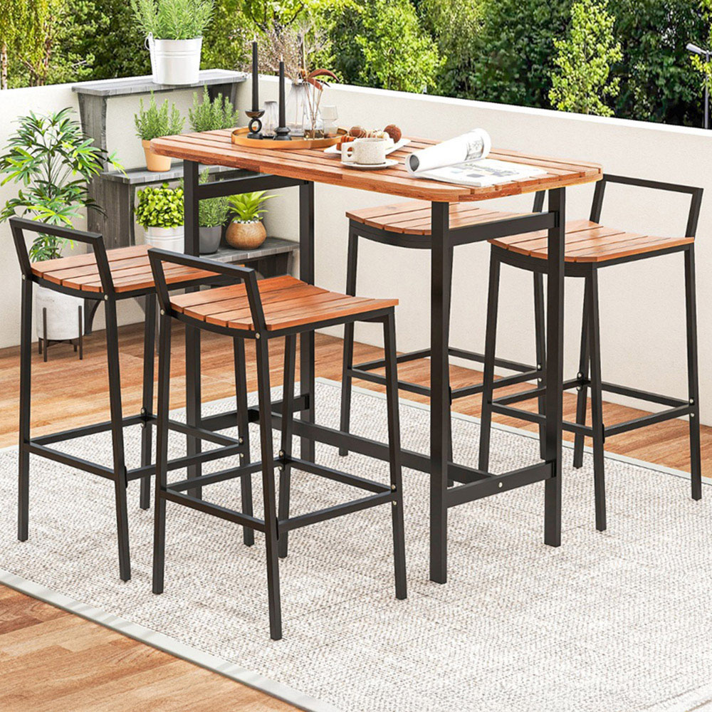 thumbnail interactive-video image 1 of Patiojoy 29" Acacia Wood Bar Stools Set Of 4 – Indoor/Outdoor Pub Chairs With Armrests, Natural Finish 1 of 2