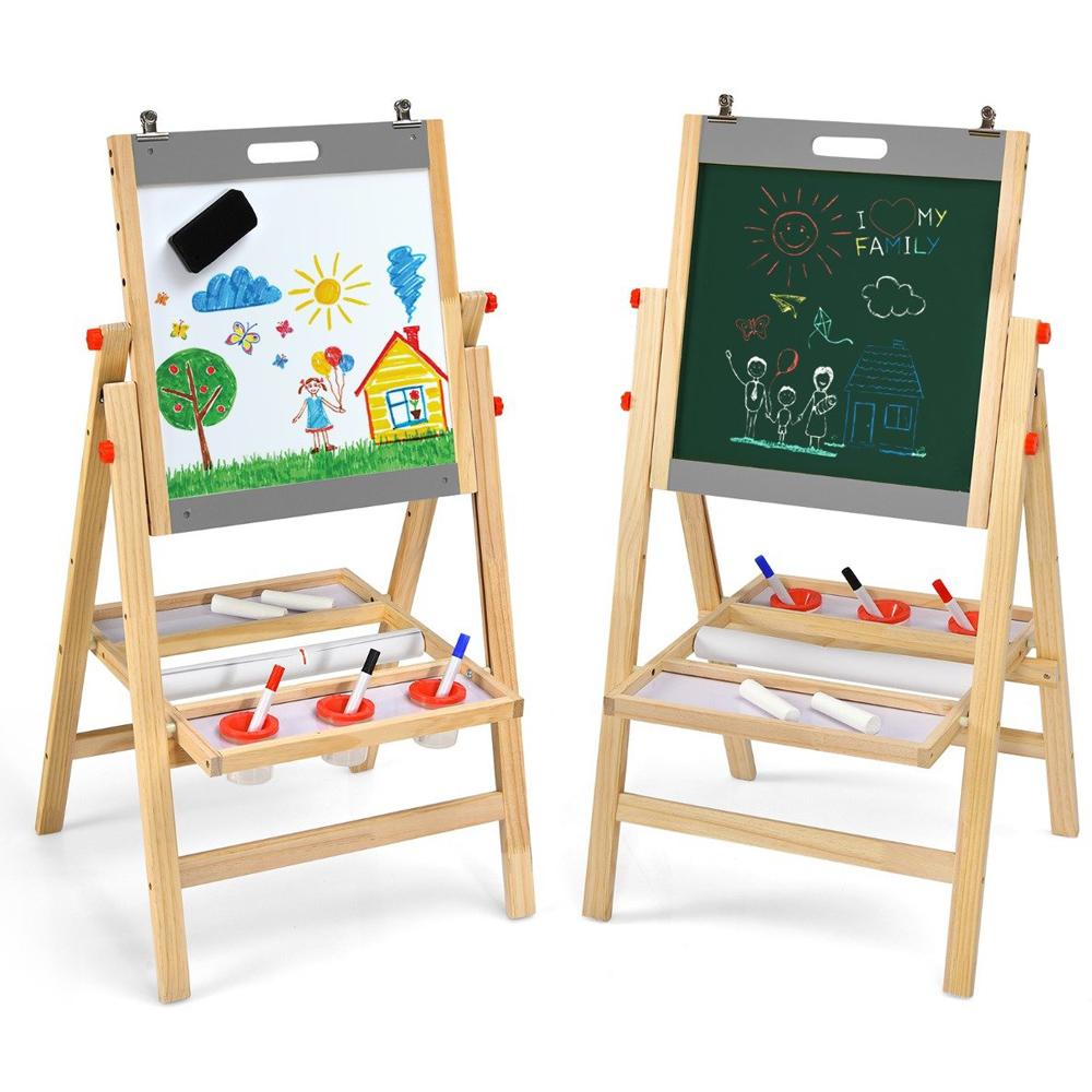 Costway 3 in 1 Grey Kids Double Sided Wooden Art Easel Image 3