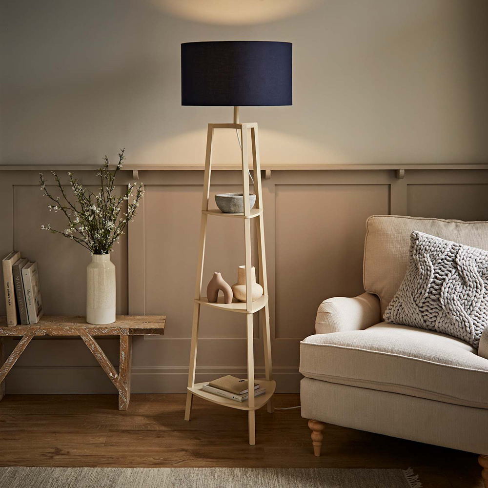 ValueLights Hiru Navy Drum Shade Cream 3-Tier Shelf Floor Lamp with Bulb Image 6