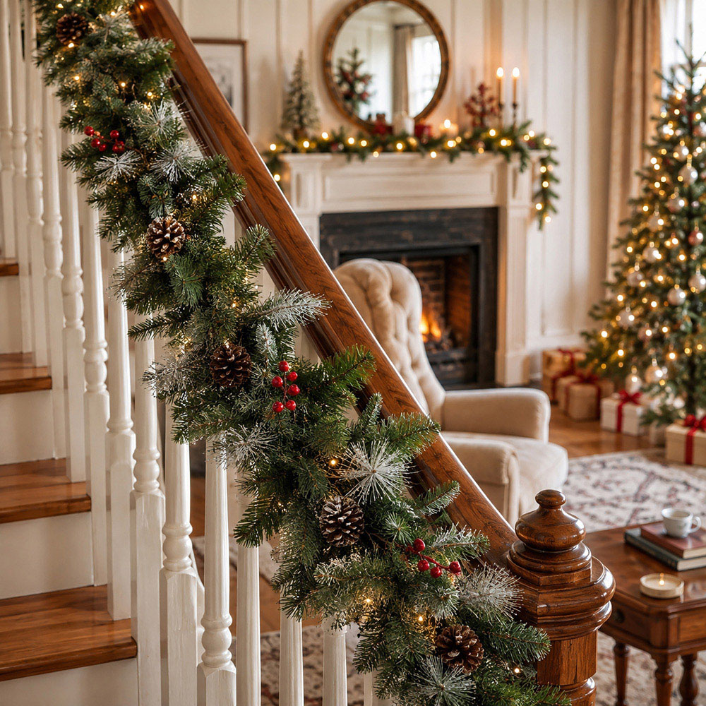 Abrihome 50 Warm White LED Artificial Christmas Garland with Tips Pinecones and Red Berries 270cm Image 8