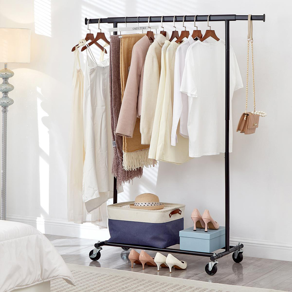 House Of Home Single Shelf Black Heavy-Duty Adjustable Rolling Clothes Rail Image 4
