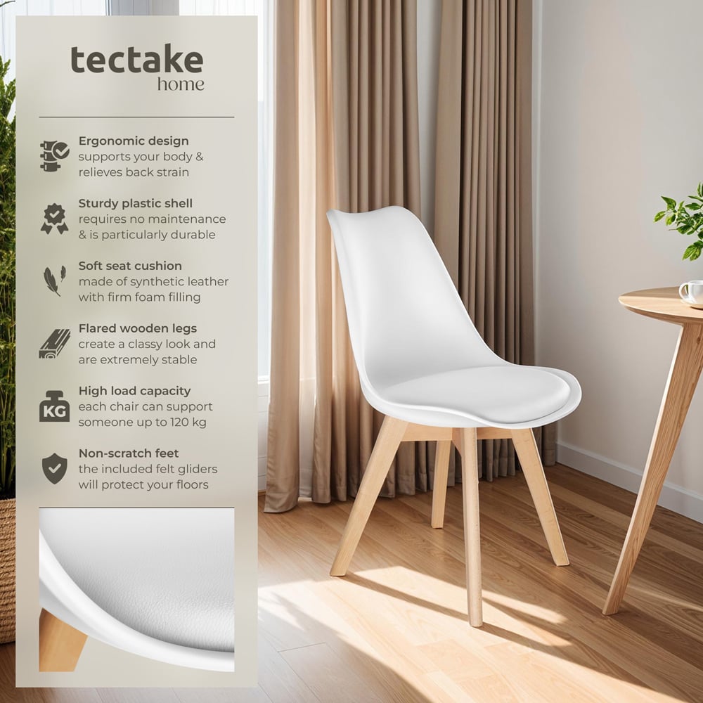 tectake Frederikke Set of 4 White Ergonomic Dining Chair with Padded Seat and Wooden Legs Image 3