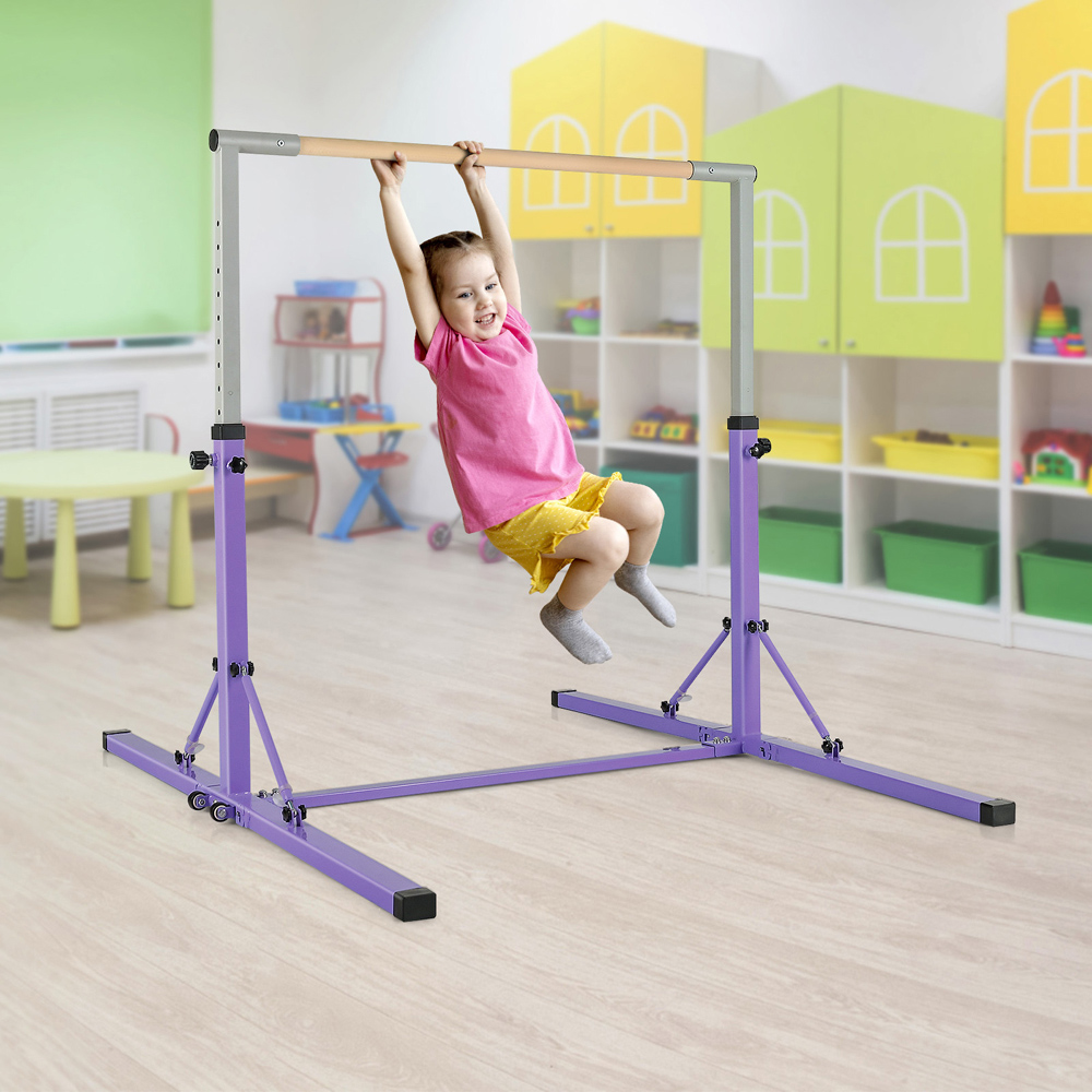 Costway Purple Kids Height Adjustable Foldable Gymnastics Bar Image 3