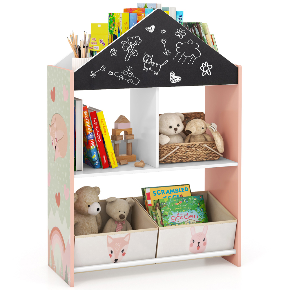 Costway 2 Drawer Pink Kids Wooden Dollhouse Bookshelf Image 3