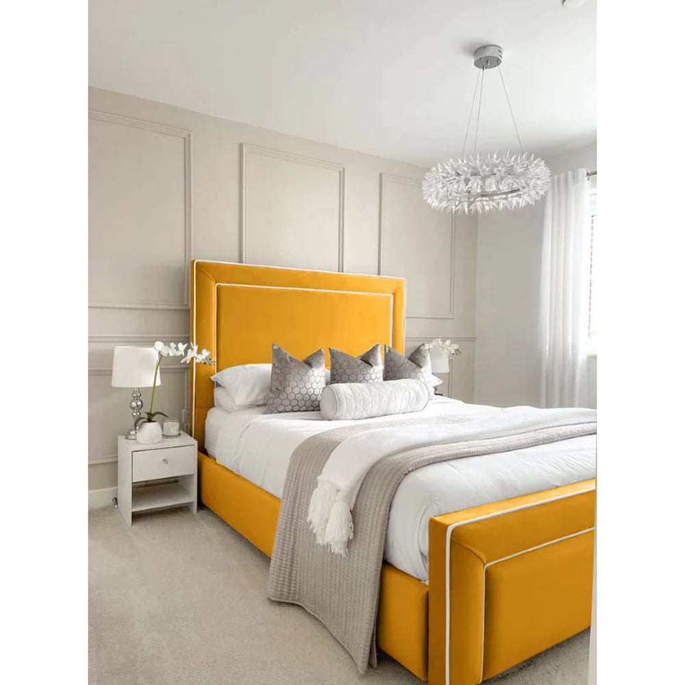 Eleganza Home Arring Super King Size Mustard Plush Velvet Bed Frame with Headboard and Footboard Image 2