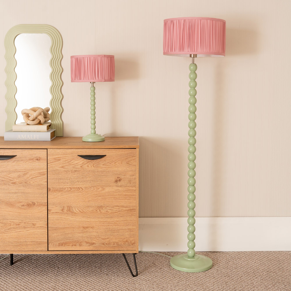 ValueLights Bobbins Ruched Pleated Blush Pink Drum Shade Sage Green LED Floor Lamp Image 5