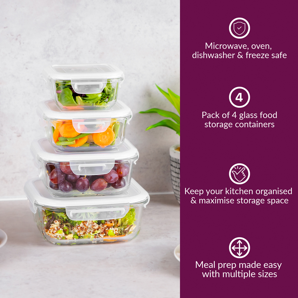 Innoteck Essentials 4 Piece Square Glass Kitchen Storage Container Set with Snap Lock Lids Image 2