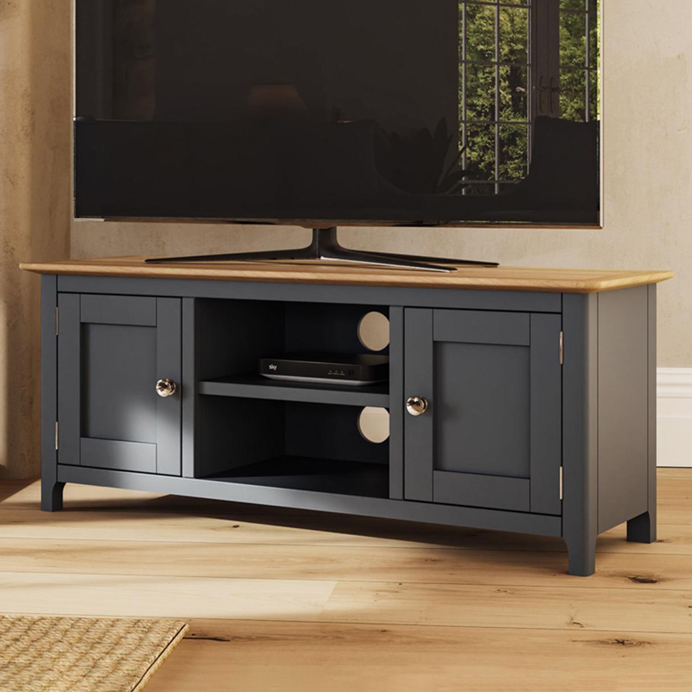 FWStyle Taberno 2 Door 2 Shelf Graphite Blue and Oak Wide TV Unit Image 1