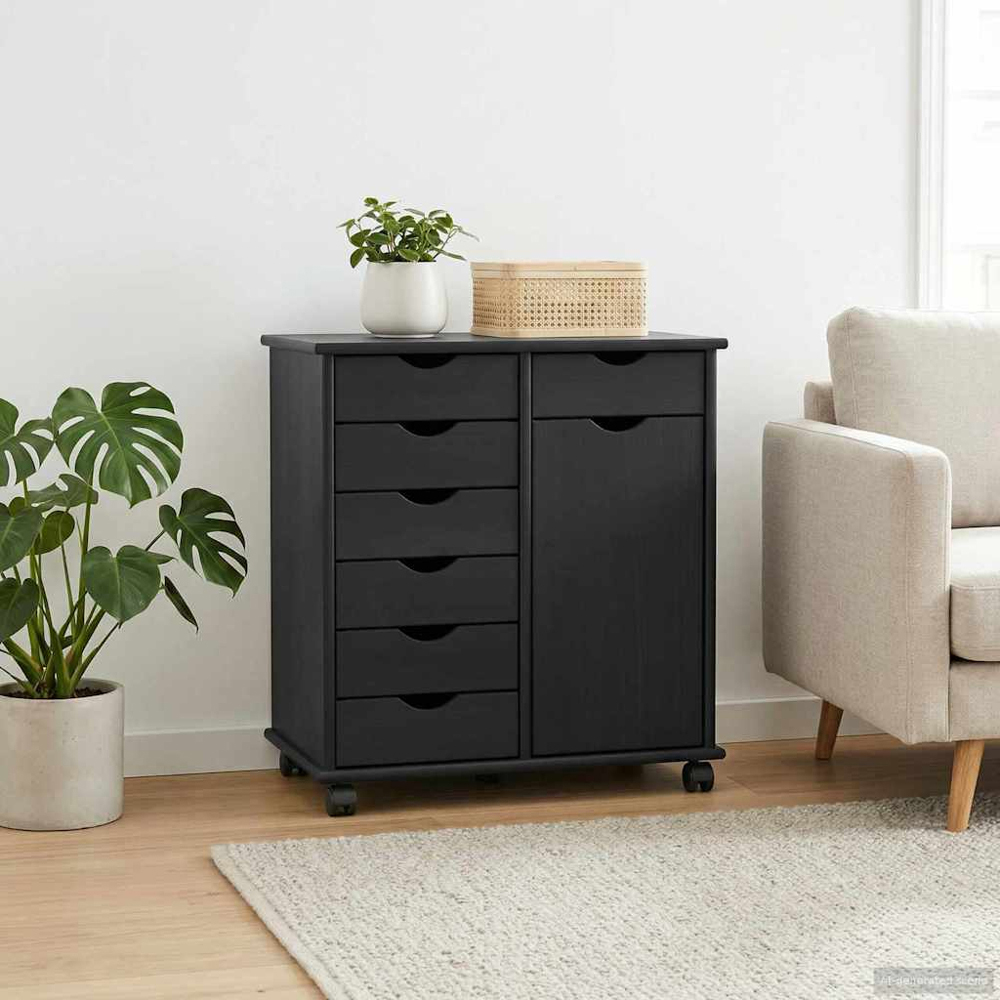 vidaXL Single Door 7 Drawer Black Rolling Storage Cabinet Image 8