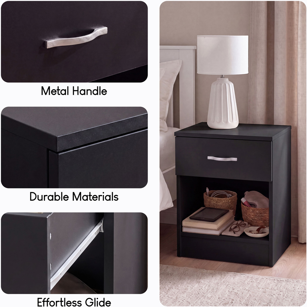 Vida Designs Riano Single Drawer Single Shelf Black Melamine Finish Bedside Table Set of 2 Image 6