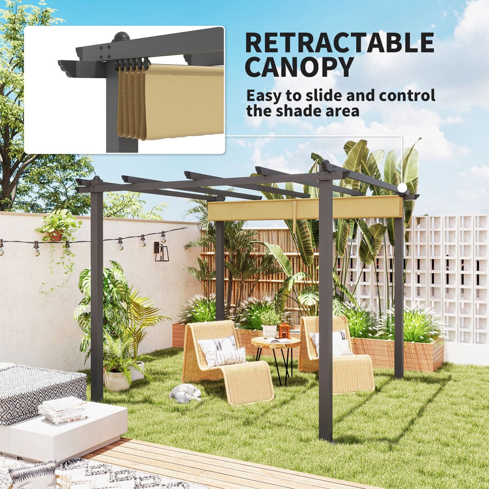 Outsunny 3 x 3m Khaki Aluminium Pergola Gazebo with Retractable Roof Image 4