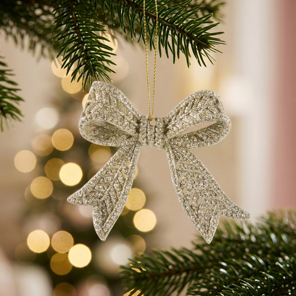 Single Alpine Lodge Glitter Bow Ornament 2 Pack in Assorted styles Image 9
