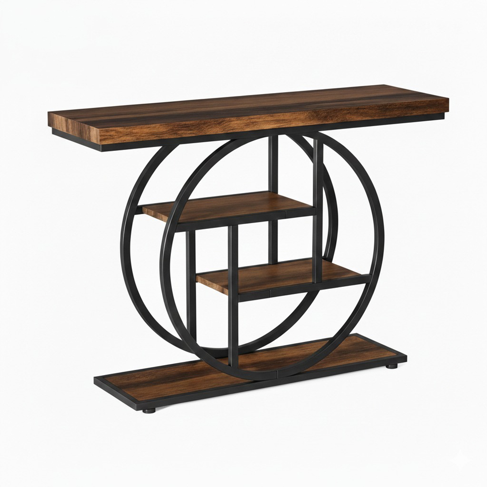 Alivio 3 Shelf Brown Rustic Wood Double Round Metal Frame Console Table Image 2