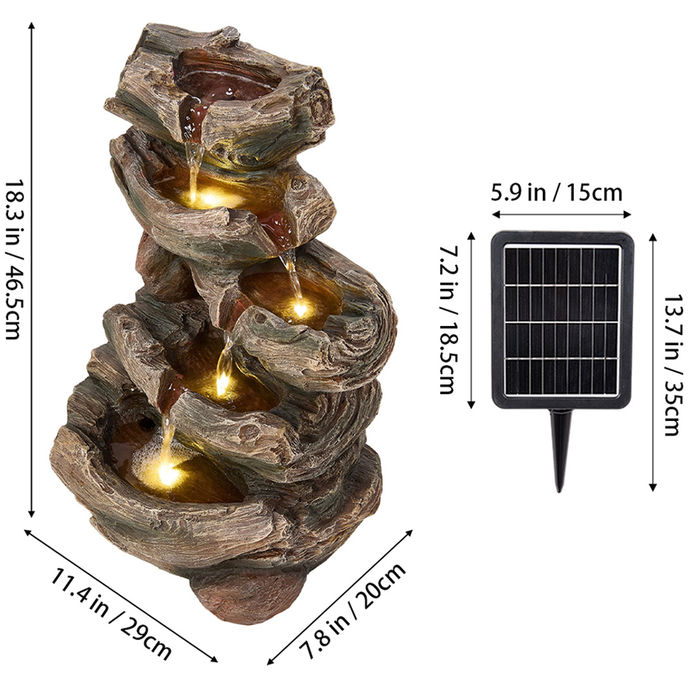 Living and Home 5-Tier Resin Log Wood and Rock Effect Solar LED Water Feature Image 5